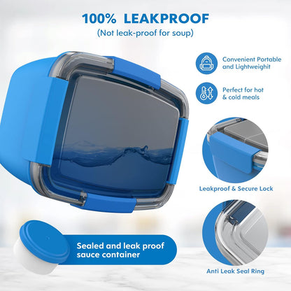 Cherrysea Salad Lunch Container Set - 68oz Leak-Proof Bowls with 4 Compartments & Fork - Blue