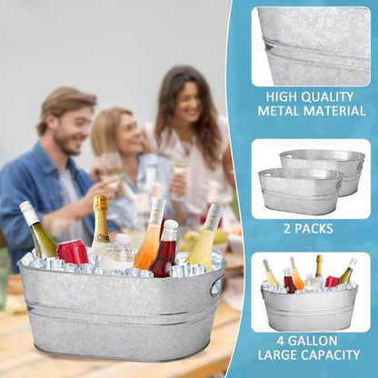 2 Pack 3 Gallon Galvanized Tub Ice Buckets for Parties Portable Beverage Tub Champagne Bucket Metal Ice Buckets for Cocktail Bar with Ice Scoop