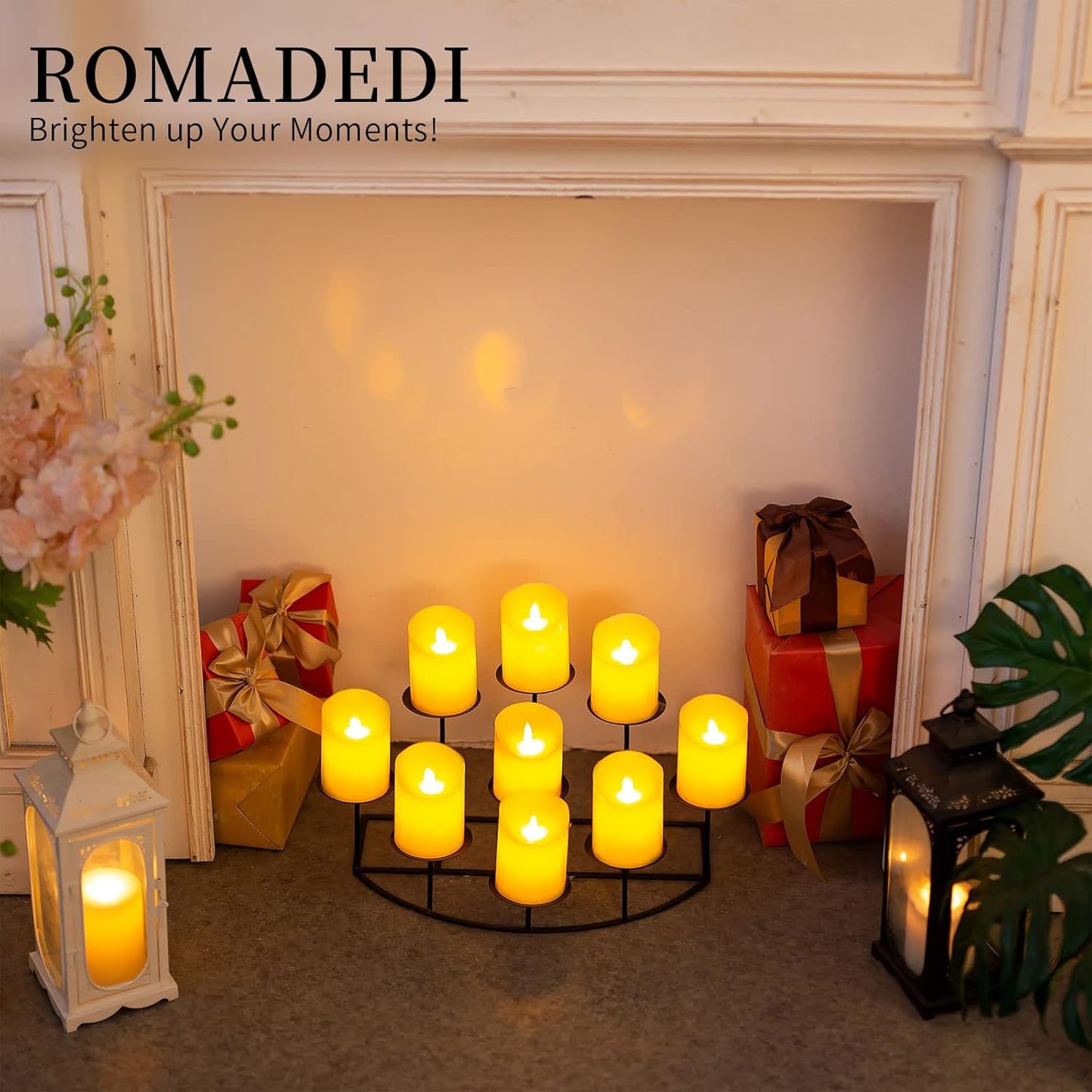 Romadedi Fireplace Candle Holder - Elegant 9-Arm Candelabra for Pillar Candles | Black Iron Centerpiece Decor