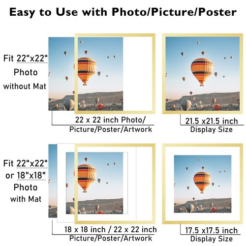 JCJMY 22x22 Picture Frame Gold with 18x18 Mat, Display Photo 18x18 with Mat or 22 x 22 Without Mat, Wall Hanging Large 22x22 Poster Frame with Shatter Resistant Plexiglass,Gold