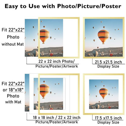 JCJMY 22x22 Picture Frame Gold with 18x18 Mat, Display Photo 18x18 with Mat or 22 x 22 Without Mat, Wall Hanging Large 22x22 Poster Frame with Shatter Resistant Plexiglass,Gold