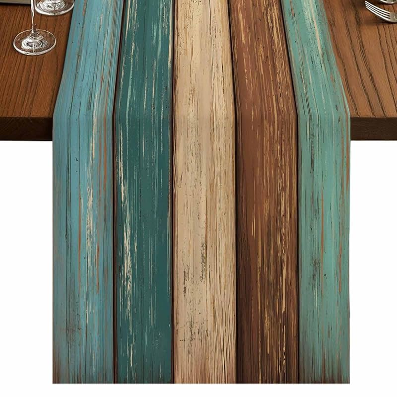 Teal Cotton Linen Table Runner 13x90 Inch - Rustic Burlap Dresser Scarf, Non-Slip Home Decor (Green/Blue/Brown) - Farmhouse Wedding Table Setting