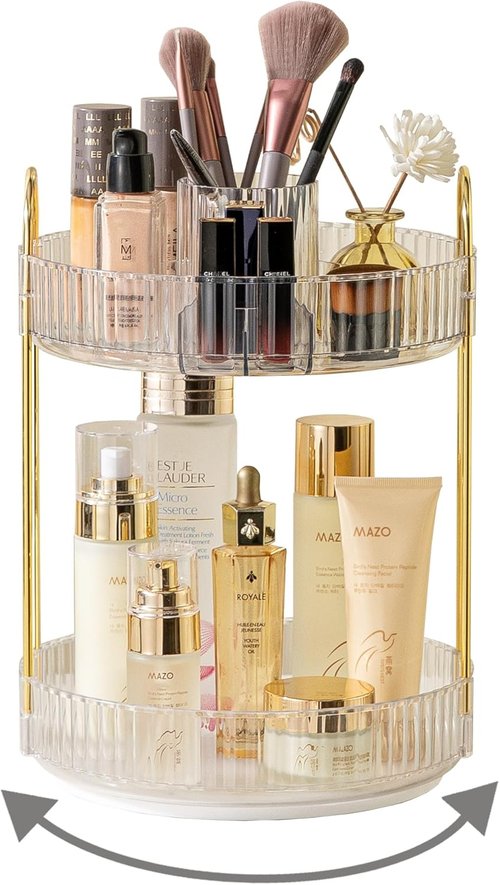 Asayuee 360 Rotating Makeup Organizer - 2 Tier Large Capacity for Skincare & Perfume | Clear Countertop Storage