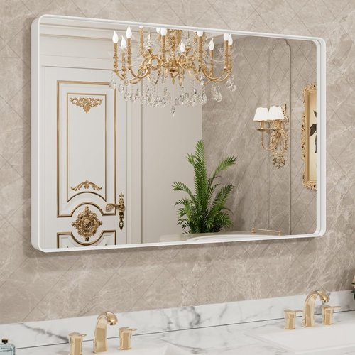 LOAAO 48x36 Inch White Metal Framed Bathroom Mirror - Large Rounded Rectangle, Anti-Rust, Versatile Hanging Options
