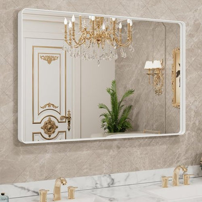 LOAAO 48x36 Inch White Metal Framed Bathroom Mirror - Large Rounded Rectangle, Anti-Rust, Versatile Hanging Options