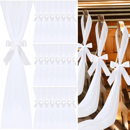 HunnmingRe Wedding Aisle Chair Decor - 24 Sets of White Sashes with Ribbons & Tulle for Ceremonies