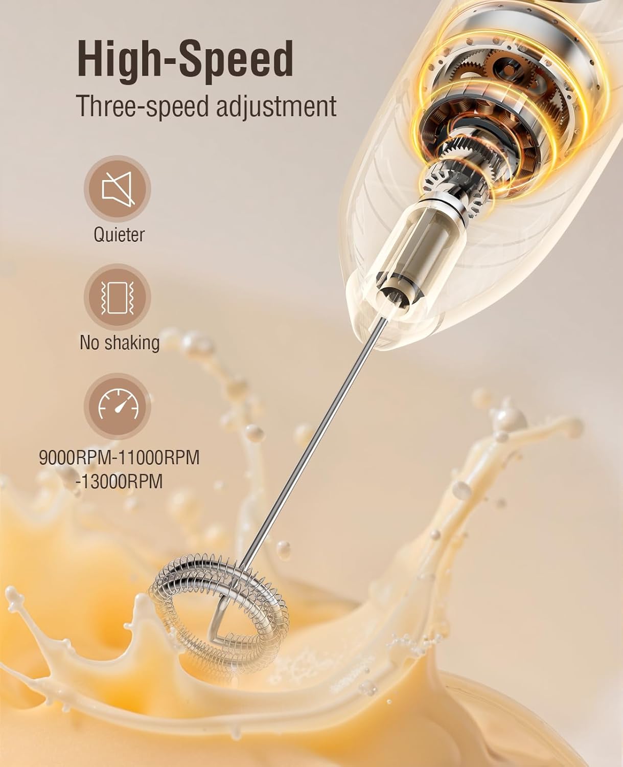 Skiennix Electric Milk Frother - Rechargeable 3-in-1 with LED Display & Wireless Charging | 3 Speeds, Stainless Steel Whisk, Bright Grey