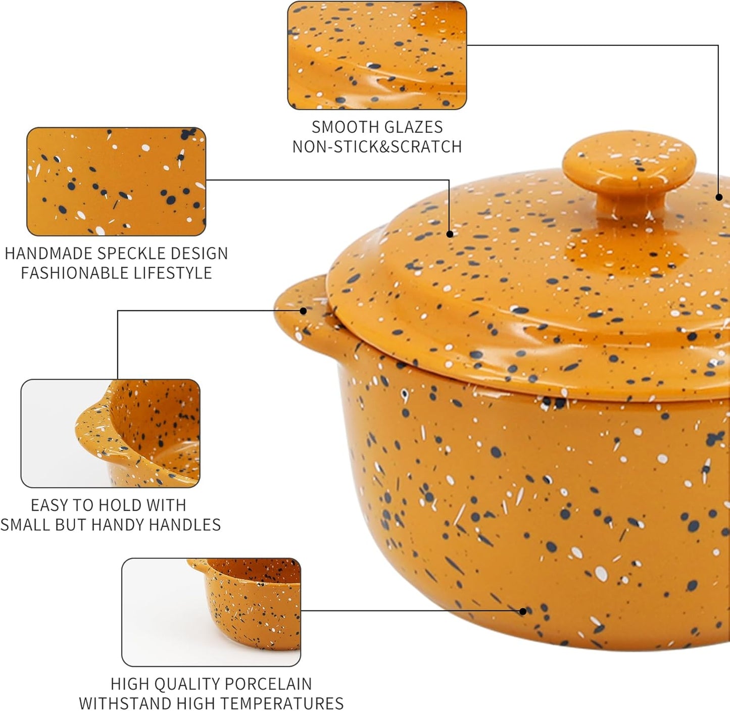 Skiennix Ceramic Mini Cocotte Set - 10 Oz Individual Casserole Dishes with Handles & Lid | Assorted Colors