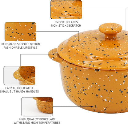 Skiennix Ceramic Mini Cocotte Set - 10 Oz Individual Casserole Dishes with Handles & Lid | Assorted Colors