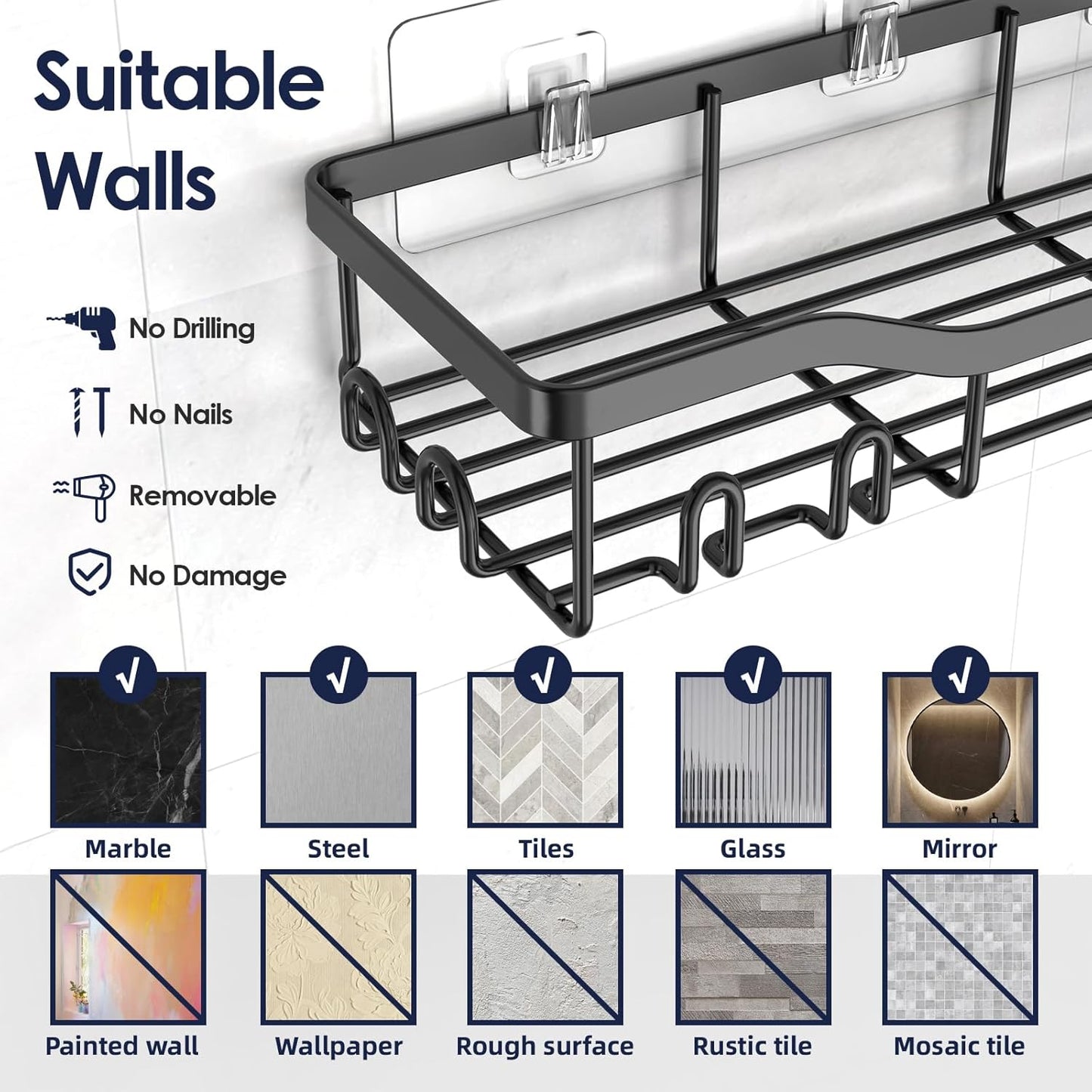 NESOMI Shower Organizer - Adhesive 2-Pack Caddy with Strong Hooks | No Drilling Bathroom Storage Shelves