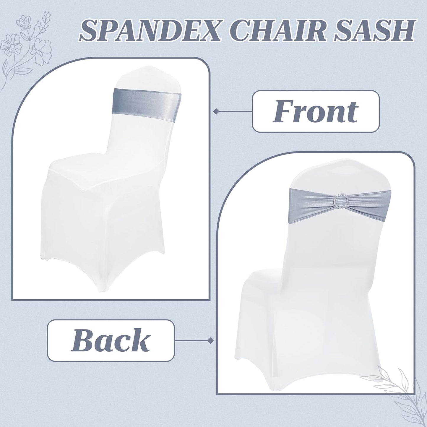 MDS Spandex Foil Chair Sashes - Universal Elastic Stretch Bow Ties with Buckle | Metallic Silver, Pack of 75