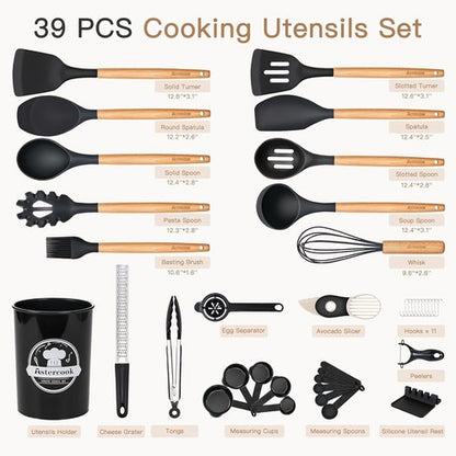 Astercook 39 PCS Kitchen Utensils Set - Heat Resistant Silicone Cooking Tools with Wooden Handles | BPA-Free & Nonstick Safe