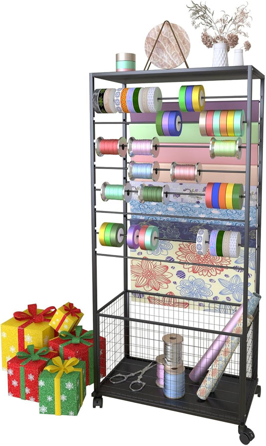 Skiennix 16-Tier Ribbon Organizer Rack - Double-Sided Craft Storage with Wheels | Metal Display Shelf