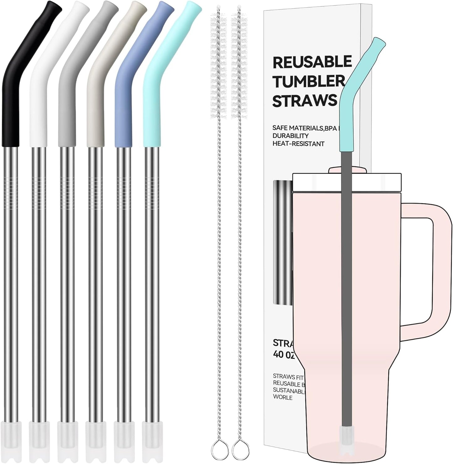 Skiennix 40 oz Metal Straws - 6 Pcs Stainless Steel Reusable Straws with Colorful Silicone Tips | BPA-Free