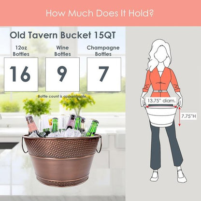 BREKX Copper Galvanized Old Tavern Copper-Finish Beverage Ice Bucket/Drink Tub for Parties, Wedding Gifts, 15 Quart Champagne Bucket - Farmhouse Decor Galvanized Bucket