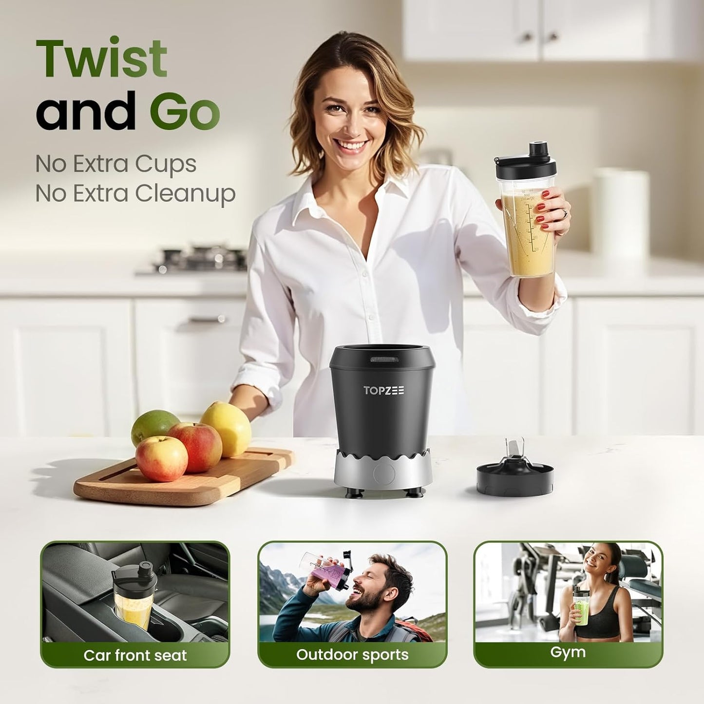 TOPZEE Personal Smoothie Blender - 1000W Compact Single-Serve Blender with 24oz To-Go Cup | Ideal for Protein Shakes & Smoothies