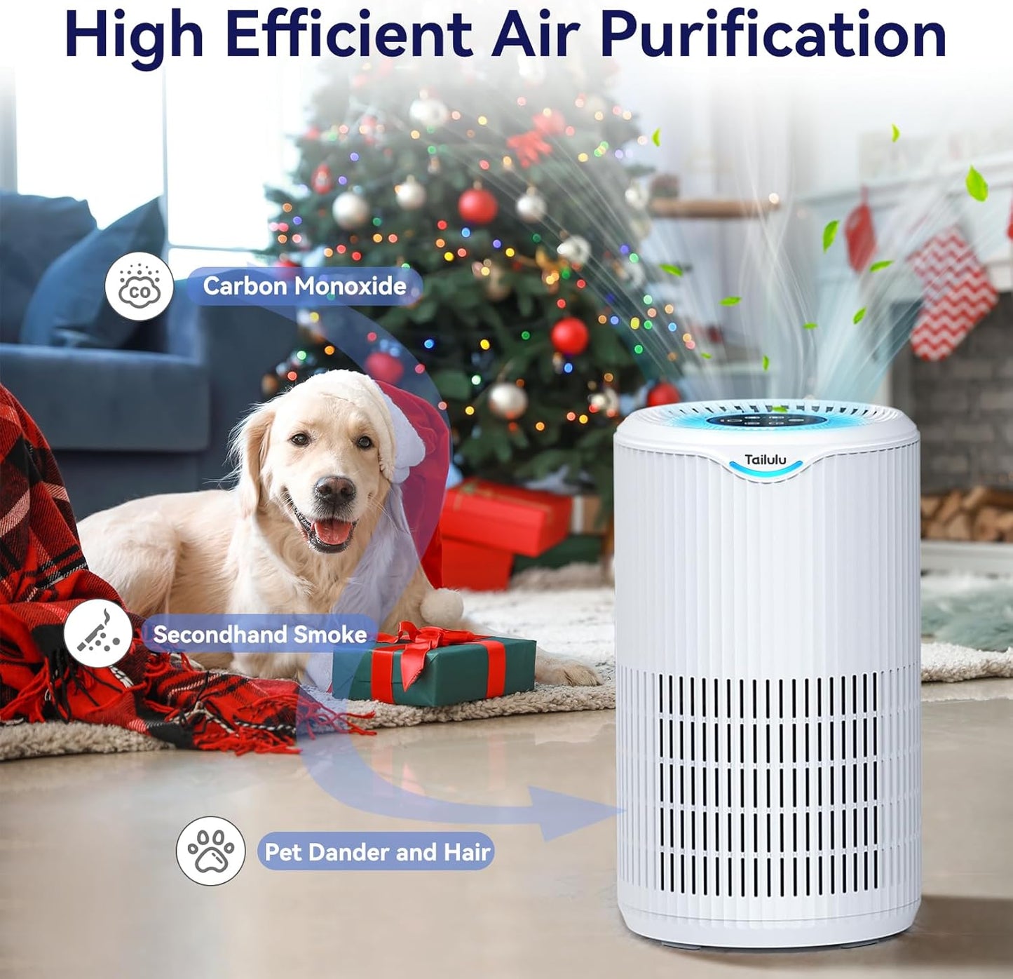 Tailulu H13 HEPA Air Purifier - 360° Air Intake & Outlet for Large Rooms Up to 1680 Ft² | Quiet 15dB Sleep Mode