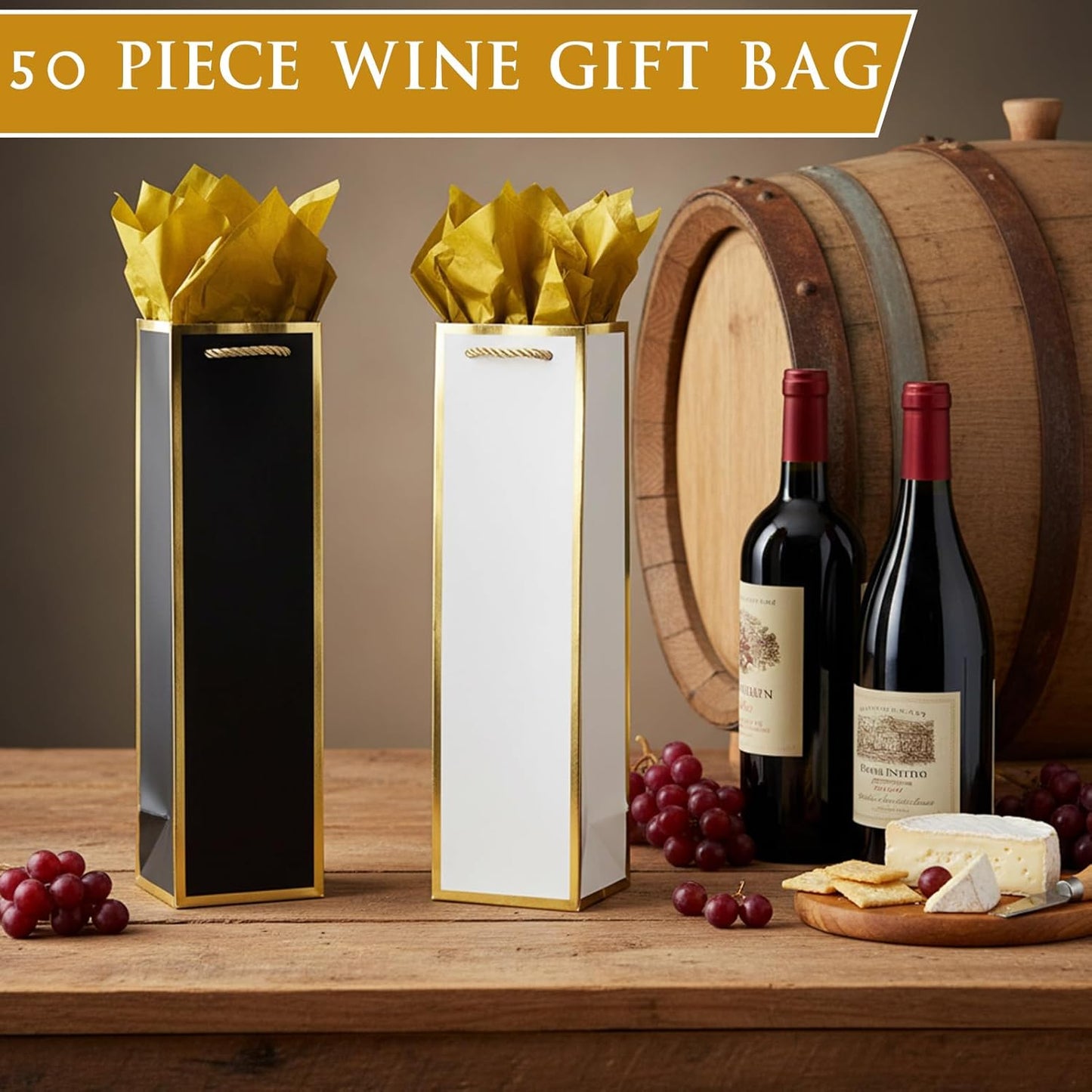 Ovveroche 50 Pack Wine Gift Bag with Handles and Tissue Paper Wine Bottle Gift Bags for Holiday Birthday Wedding Graduations Father's Day Party, Black+White