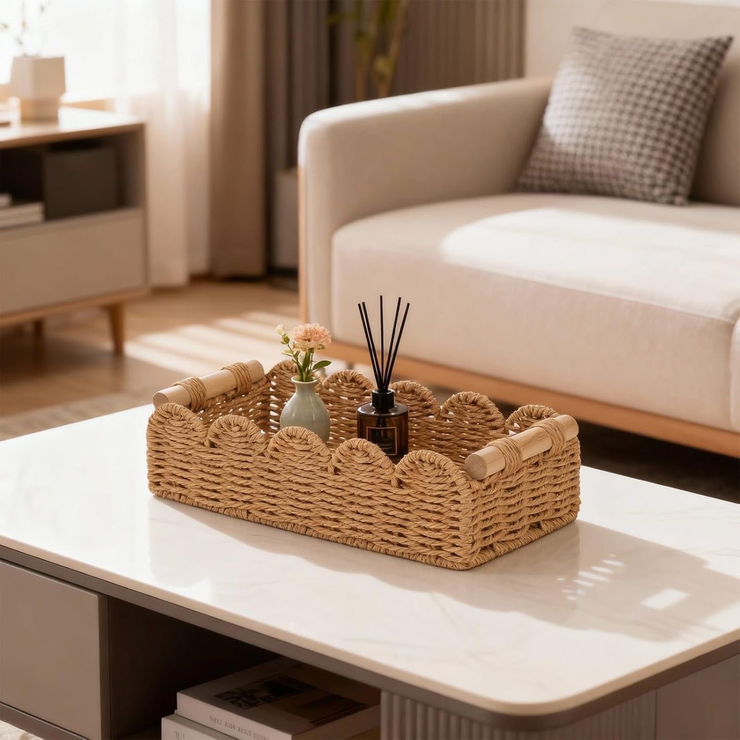 Regine Switzerland Set of 2 Paper Rope Baskets - Scalloped Edge Storage for Bathroom & Living Room | Neutral Color with Wooden Handles