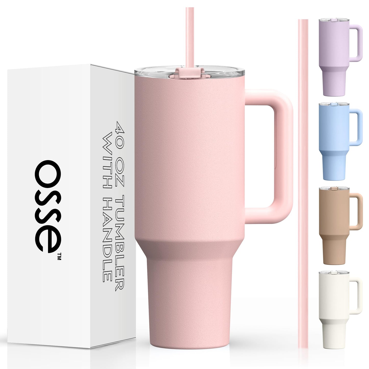 osse 40oz Tumbler with Handle and Straw Lid | Double Wall Vacuum Reusable Stainless Steel Insulated Water Bottle Travel Mug Cup | Modern Insulated Tumblers Cupholder Friendly (Pink Dusk)