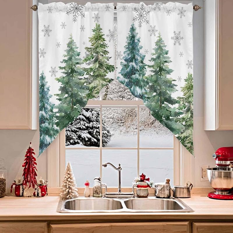 Christmas Swag Valance with Green Pine Tree Pattern, 36W x 45L, 2 Panels, Rod Pocket - Xmas Tree + 36W x 45L