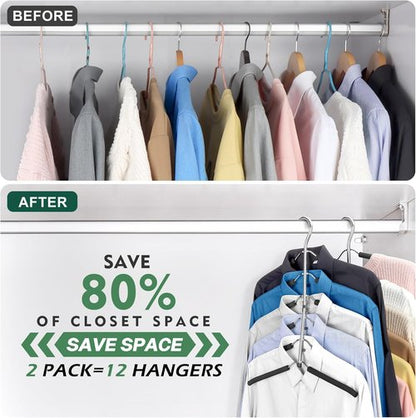 DOIOWN Space Saving Coat Hangers - Non-Slip Foam Padded Black Metal, 6-Tier Design for Men & Women | 2 Pack Closet Organizers