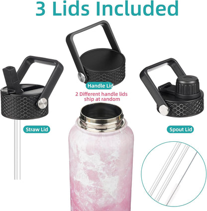 Skiennix 32 Oz Insulated Water Bottle - Stainless Steel Sport Bottle with 3 Lids | Marble Blossom