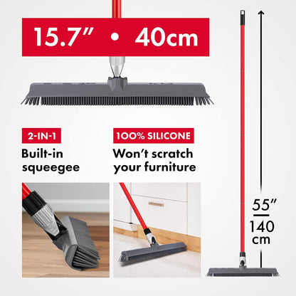 Skiennix 2-in-1 Silicone Rubber Broom | Swivel Pet Hair Removal with Long Handle - Ideal for Carpet & Floors