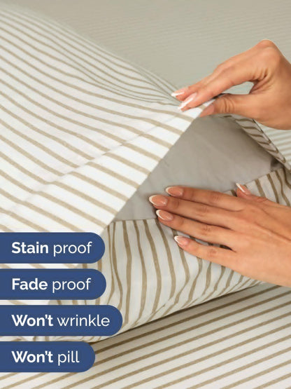 Skiennix Extra Deep Split King Sheet Set - 7 Piece Cooling Bedding - Soft, Wrinkle-Free, Beige Stripes