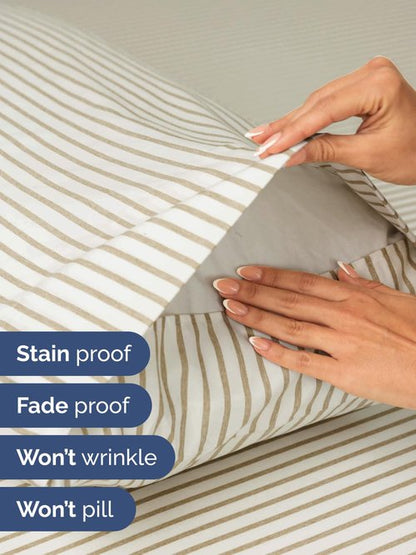Extra Deep Queen Sheet Set - 6 Piece Breathable and Cooling Sheets - Hotel Luxury Bedding for Women, Men, Kids & Teens - Easy Secure Fit - Soft & Wrinkle Free with Extra Deep Pockets - Beige Stripes