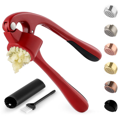 Zulay Kitchen Premium Garlic Press Set - Rust Proof & Dishwasher Safe Professional Garlic Mincer Tool - Easy-Squeeze, Easy-Clean with Soft, Ergonomic Handle - Silicone Garlic Peeler & Brush (Red)