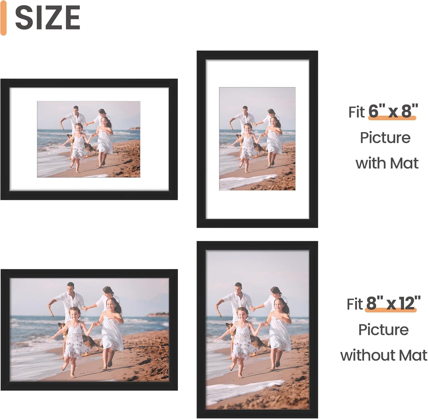 Upsimples 8x12 Picture Frame Set of 5 - Versatile Black Frames for 6x8 or 8x12 Photos | Wall Gallery Decor