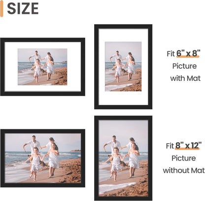 Upsimples 8x12 Picture Frame - Versatile Display for 6x8 Photos with Mat or 8x12 Without - Black, 1 Pack