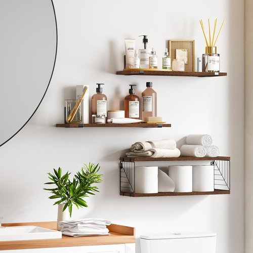 Fixwal Floating Bathroom Shelves - Rustic 15.8in Wood Wall Decor for Bathroom, Living Room & Kitchen | Dark Brown