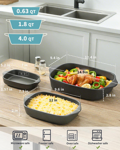 Regine Switzerland Casserole Dish Set - Ceramic Bakeware for Oven | 3 Deep Sizes: 0.63/1.8/4 QT - Matte Black