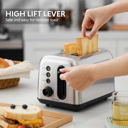 BUYDEEM DT420 Stainless Steel Toaster - Extra Wide Slots for Bagels & Muffins | 6 Shade Settings, Retro Silver
