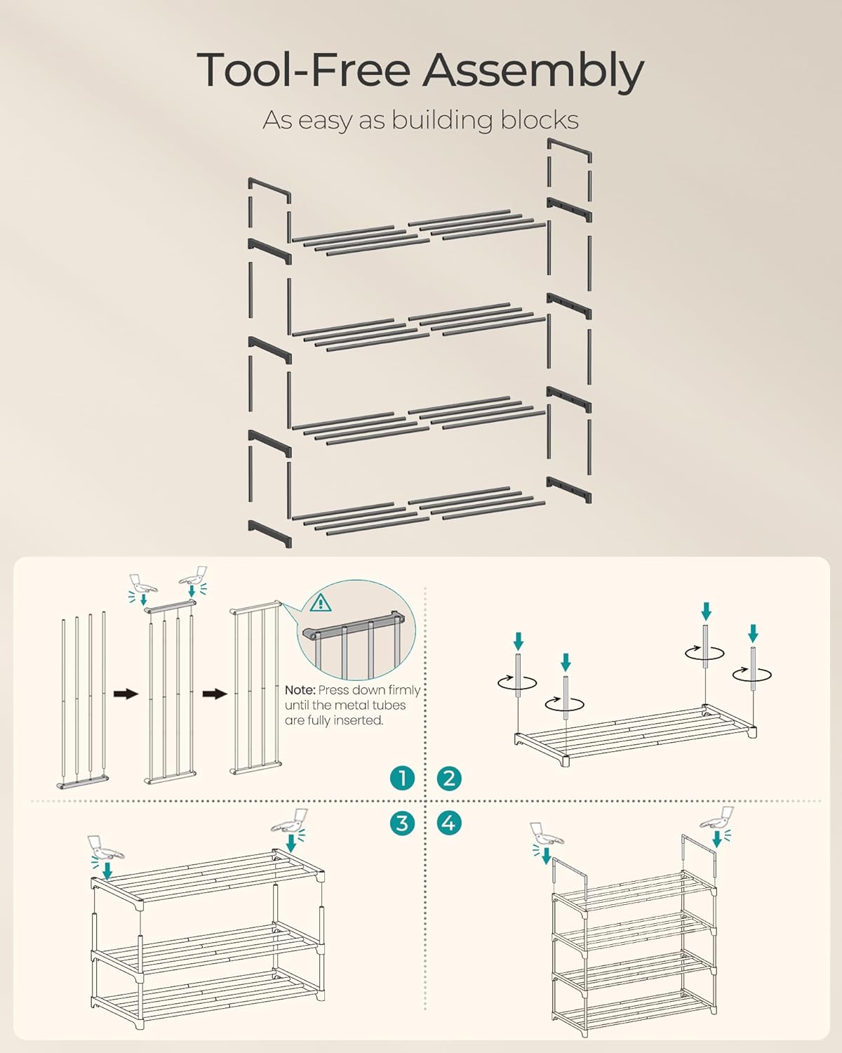 SONGMICS 4-Tier Shoe Rack - Stackable Metal Organizer for 10-15 Pairs | Black, 11.8 x 26.8 x 28.4 Inches