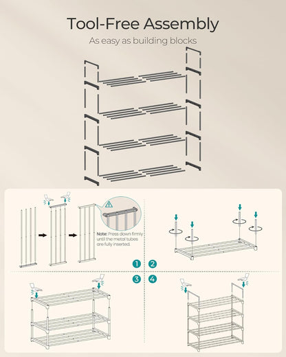 SONGMICS 4-Tier Shoe Rack - Stackable Metal Organizer for 10-15 Pairs | Black, 11.8 x 26.8 x 28.4 Inches