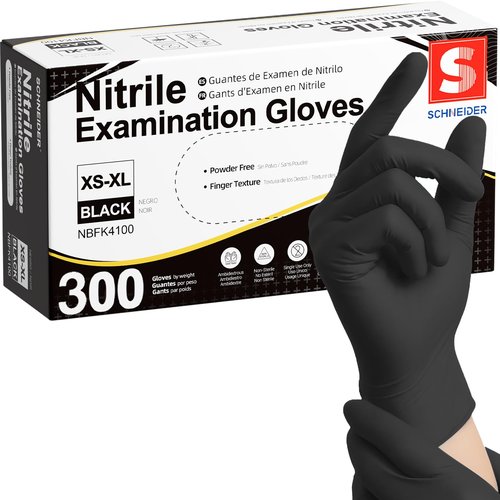 Schneider Black Nitrile Exam Gloves, Box of 300, Latex Free & Powder Free Disposable Gloves, for Medical, Food Prep & Cleaning, Medium