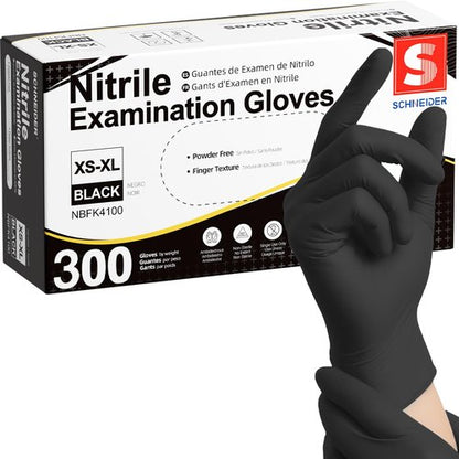 Schneider Black Nitrile Exam Gloves, Box of 300, Latex Free & Powder Free Disposable Gloves, for Medical, Food Prep & Cleaning, Medium
