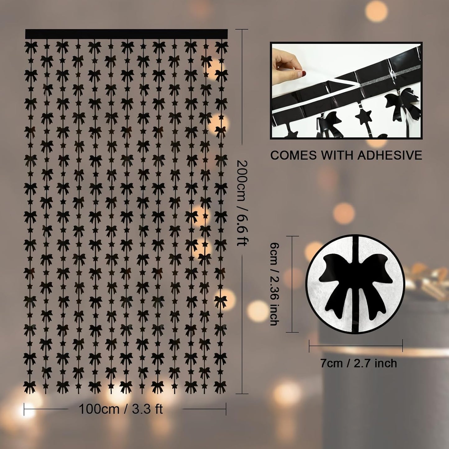 Menstarsi Bow Party Decorations - 2 Pack Black Foil Fringe Curtains | 3.3 X 6.6 Ft Backdrop for Events
