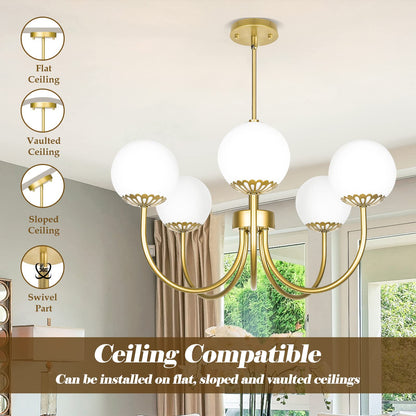 Yolsunes 5-Light Gold Chandelier, Globe Modern Sputnik Light Fixture with Frosted Glass, Vintage Semi-Flush Mount Ceiling Light for Dining Room, Large Pendant Lighting for Kitchen Living Room Bedroom