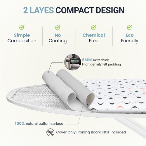 UniSimp Ironing Board Cover and Pad 15"x54" Extra Thick Natural Cotton, Scorch and Stain Resistant Padding, Standard Size Iron Board Cover with Fasteners Heavy Duty Elastic Edge, Heatproof Boomerang
