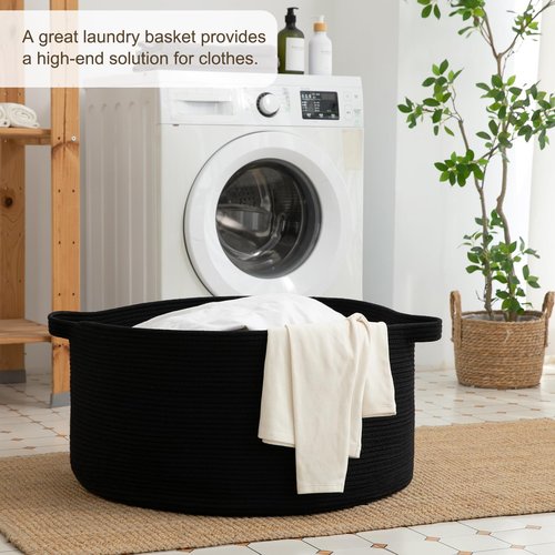 OIAHOMY 90L Blanket Basket for Living Room, Large Basket 23" x 23" x 13" with Handle, Laundry Hamper for Blankets, Pillows, Toy Storage for Kids, Dogs - Black