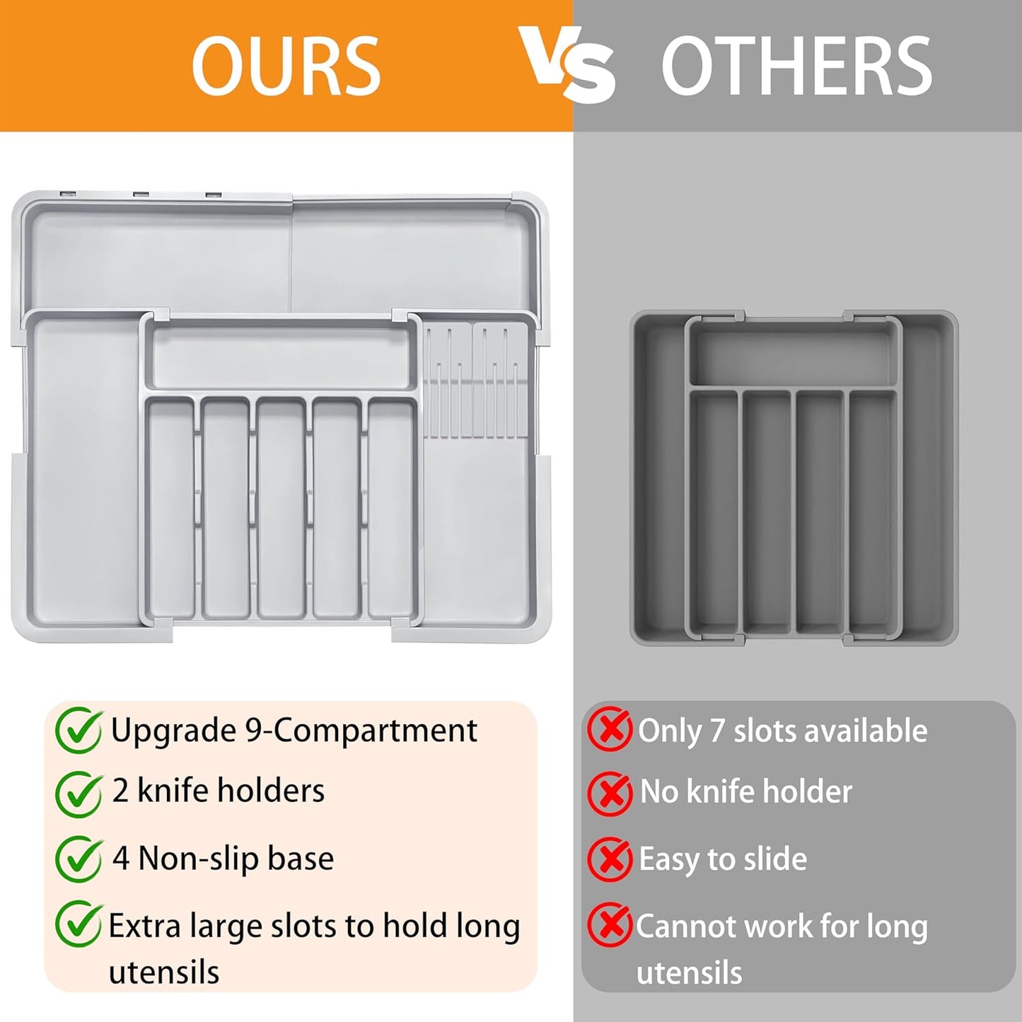 Silverware Drawer Organizer - Adjustable Utensil Holder with Knife Block | BPA-Free Expandable Storage (Grey)