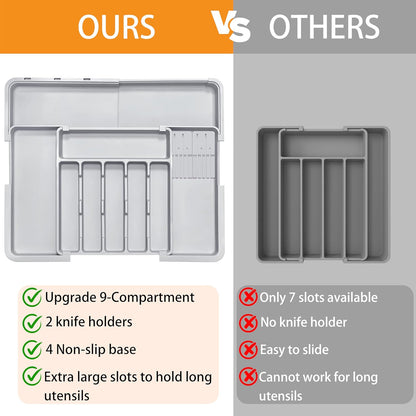 Silverware Drawer Organizer - Adjustable Utensil Holder with Knife Block | BPA-Free Expandable Storage (Grey)