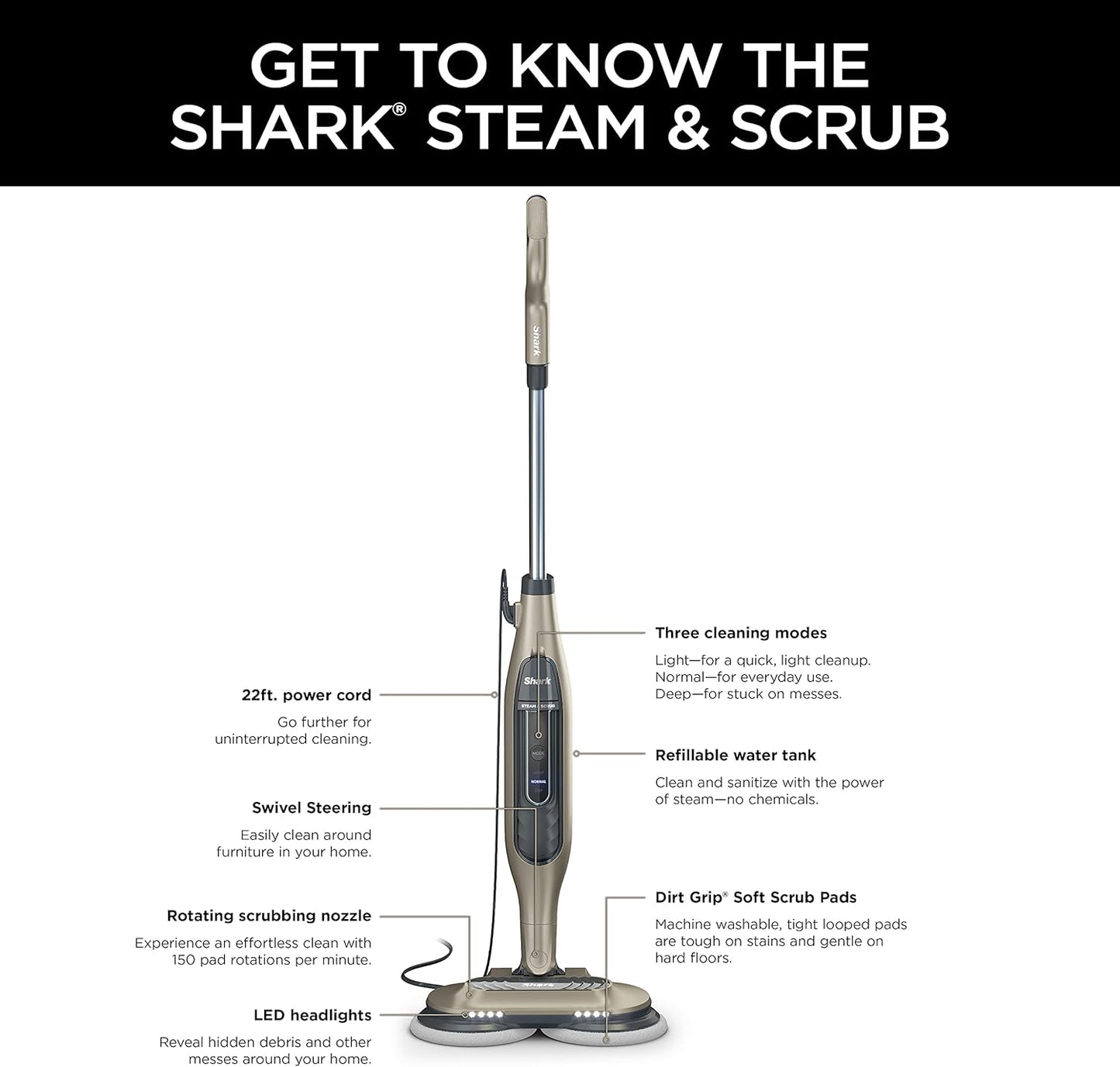Shark S7001 Mop - 3 Steam Modes & LED Headlights - Scrub & Sanitize Hard Floors - Gold Finish