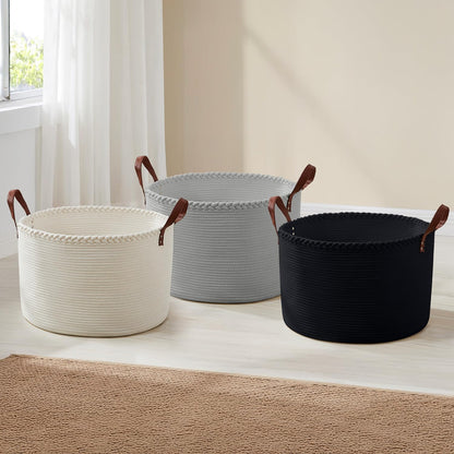 Organizix XLarge Round Cotton Rope Storage Basket Bin Organizer Laundry Hamper with Leather Handles, 21 x 21 x 14, Extra Large Blanket Woven Basket for Nursery - Cream