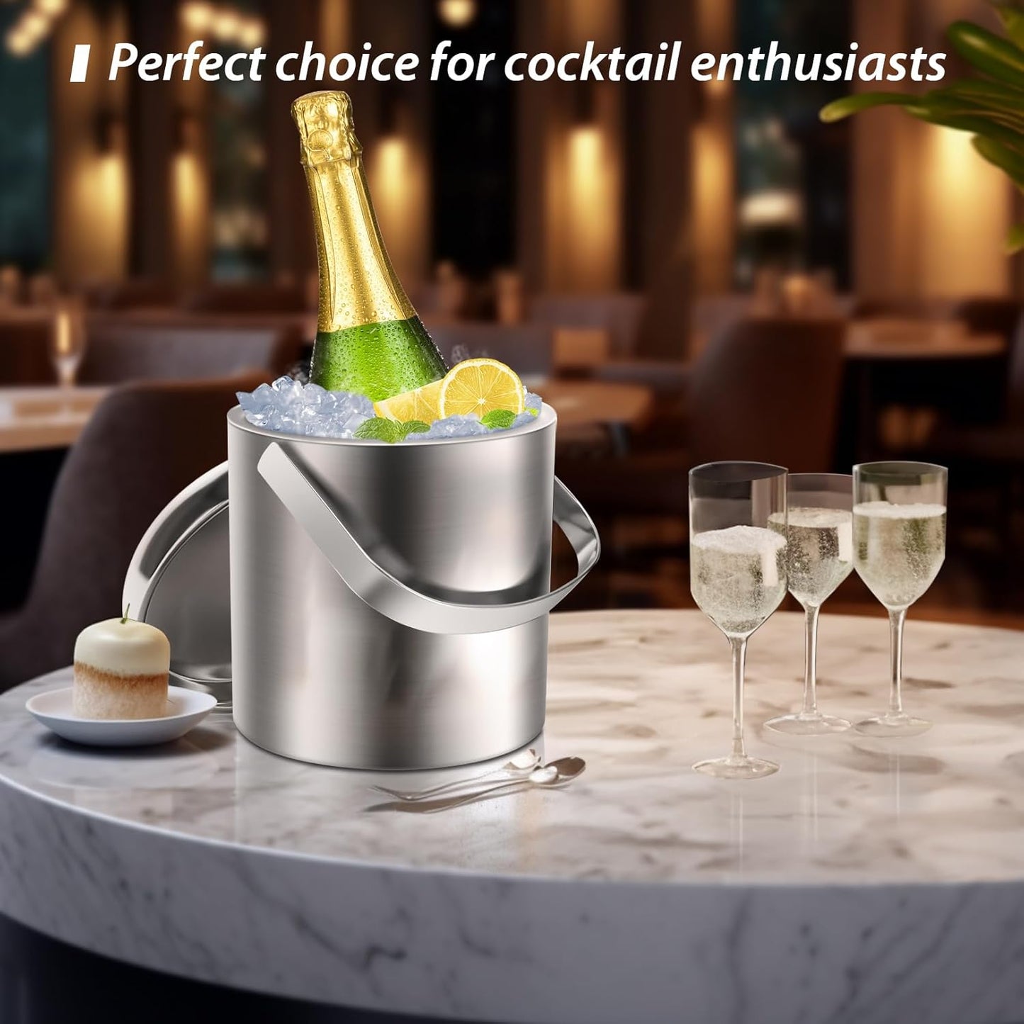 Sailnovo Mini Ice Bucket 1.2 Liter, Premium Compact Double-Wall Stainless Steel with Lid & Ice Tong, Ideal for Cocktails, Personal Bar, Small Parties - Silver