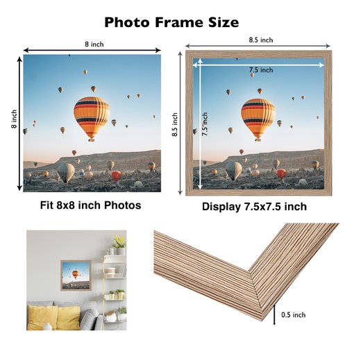 JCJMY 8x8 Picture Frame for Wall Hanging or Tabletop, Wall Mounting Horizontally or Vertically, 8 x 8 Square Wall Gallery Poster Photo Frame with Durable Shatter Resistant Plexiglass, Rustic Brown
